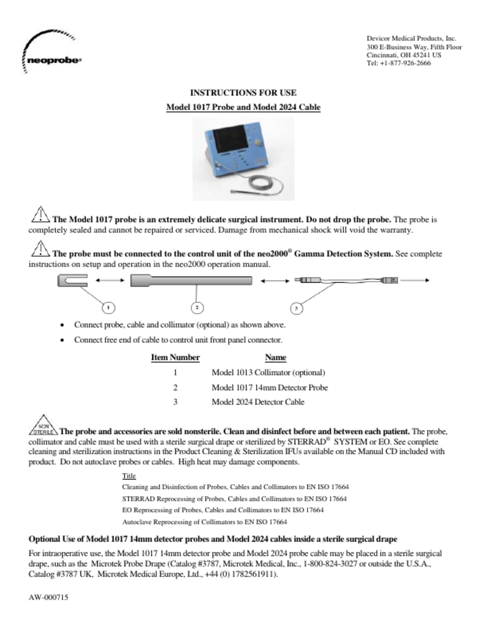 Model 1017 Probe and 2024 Cable Instructions for Use PDF download